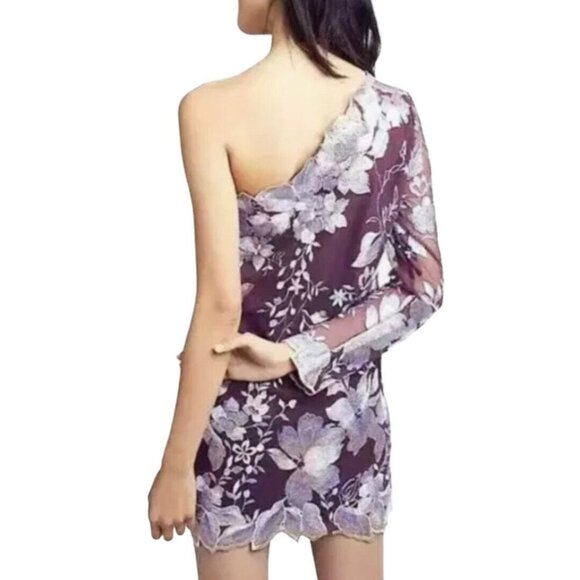 NWT $250 Free People Rosalie Embroidered MIni Dress Size 0 One Sleeve Wine - Picture 2 of 12